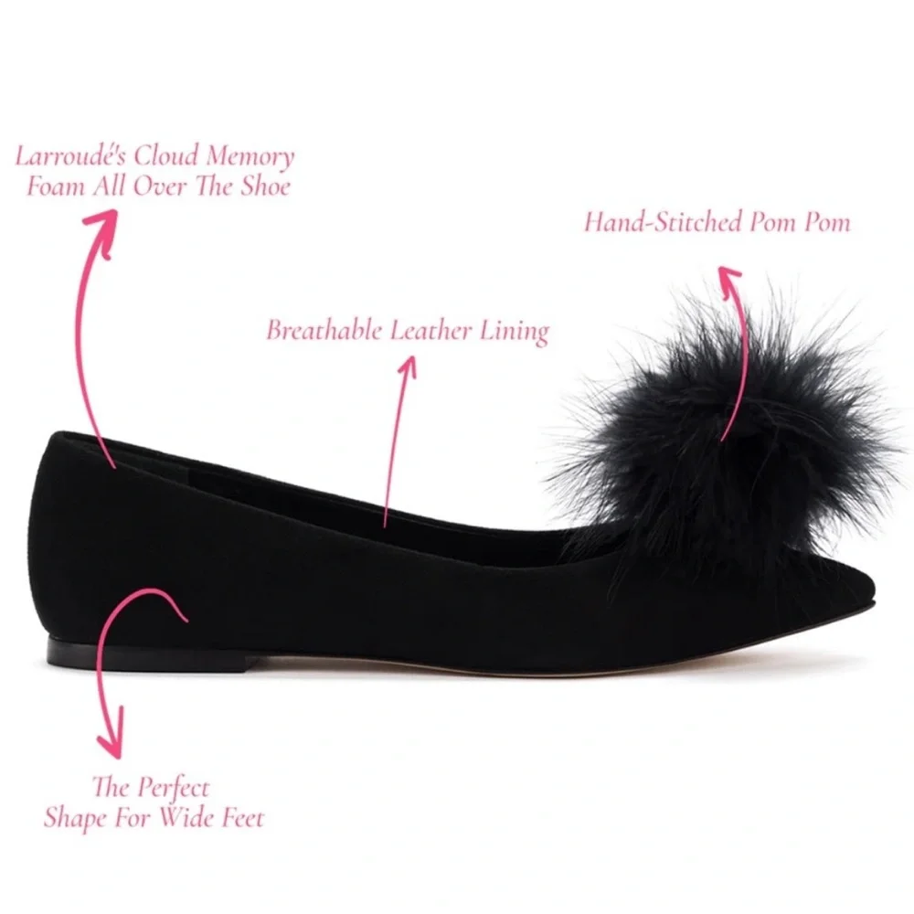 Larroude Lee Pompom Flat In Black Suede - Size 7.5 - Picture 2 of 6